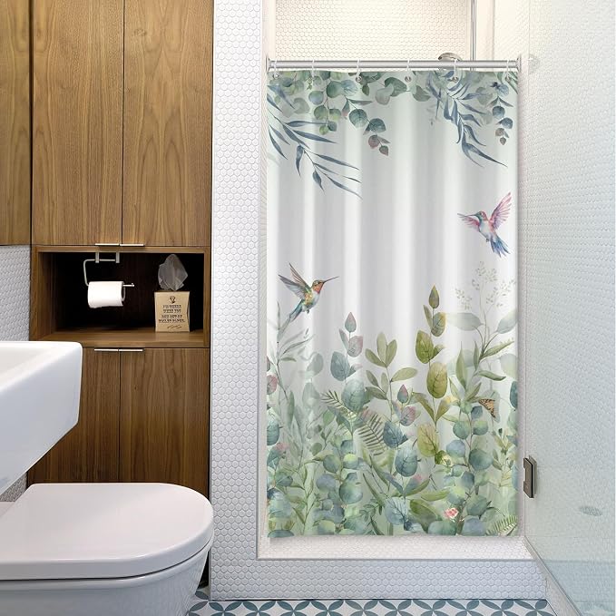 Green Leaf Shower Curtain Colourful Bird Eucalyptus Bathroom Curtain Plant Leaves Botanical Hummingbird Spring Summer Shower Curtain Sets for Bathroom Extra Long 54x72 in with 10 Hooks