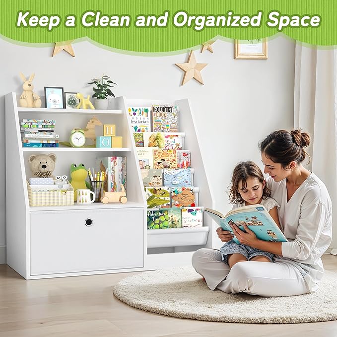 TOETOL Kids Bookshelf,Book Storage Organizer,6 Sling Toddler Wooden Book Shelf,3-Tier Kids Bookcase for Bedroom,Livingroom,Playroom,Nursery-White