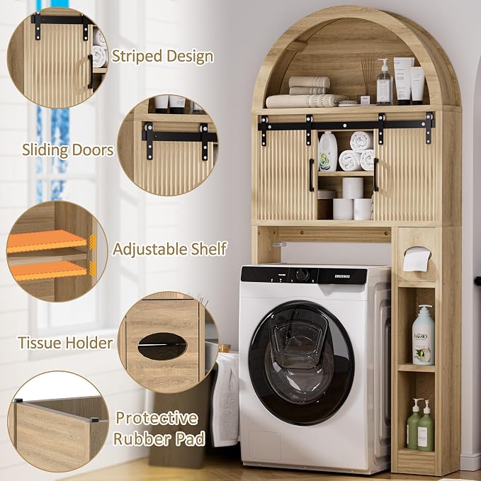 Spurgehom Over The Toilet Storage Cabinet, Bathroom Shelf Organizer Freestanding, Bathroom Arch Cabinet Over Toilet with Toilet Paper Holder and Anti-Tipping Device (Two Sliding Door-Wood)