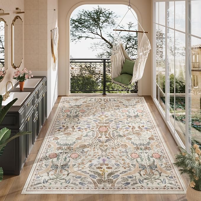 AMTOVO 6x9 Washable Area Rugs for Living Room, Non-Slip Large Soft Boho Floral Vintage Accent Print Carpet for Bedroom Dorm Nursery Room Dining Room Farmhouse Home Office, Beige