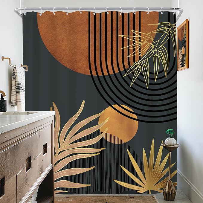KOMLLEX Mid Century Brown Black Boho Shower Curtain 72Wx84L Inches Abstract Modern Shower Curtain for Bathroom Decor Plant Botanical Minimalist Arch Sun Fabric Liner Waterproof Polyester 12 Pack Hooks