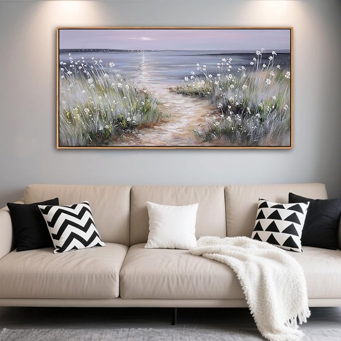 KLAKLA Bedroom Decor Wall Art Blue Beach Picture Ocean Theme Flower Canvas Print Modern Coastal Seascape Painting Framed Seaside Artwork Floral Daisy for Home Sea Lake Living Room 20x40 Inch