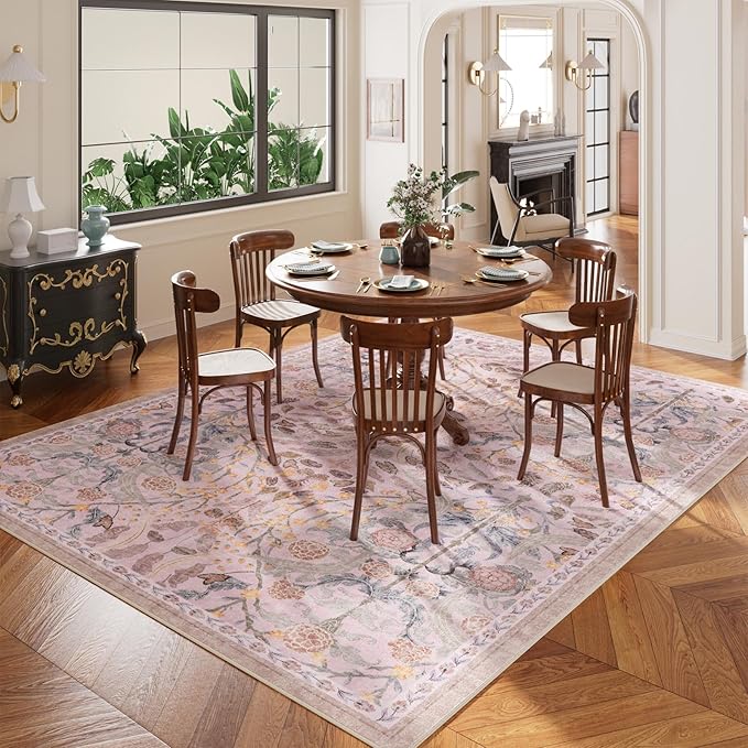 AMTOVO 8x10 Washable Area Rugs for Living Room, Non-Slip&Non-Shedding Floral Large Soft Boho Vintage Accent Print Carpet for Bedroom Girls Room Dorm Dining Room Farmhouse Nursery Home Office, Pink