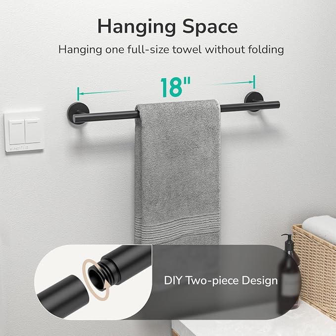 USHOWER Matte Black Towel Bar, 18-Inch Towel Rack for Bathroom Wall Mounted, Thicken SUS304 Stainless Steel Towel Rod Modern Home Decor (Total Length 20-Inch)