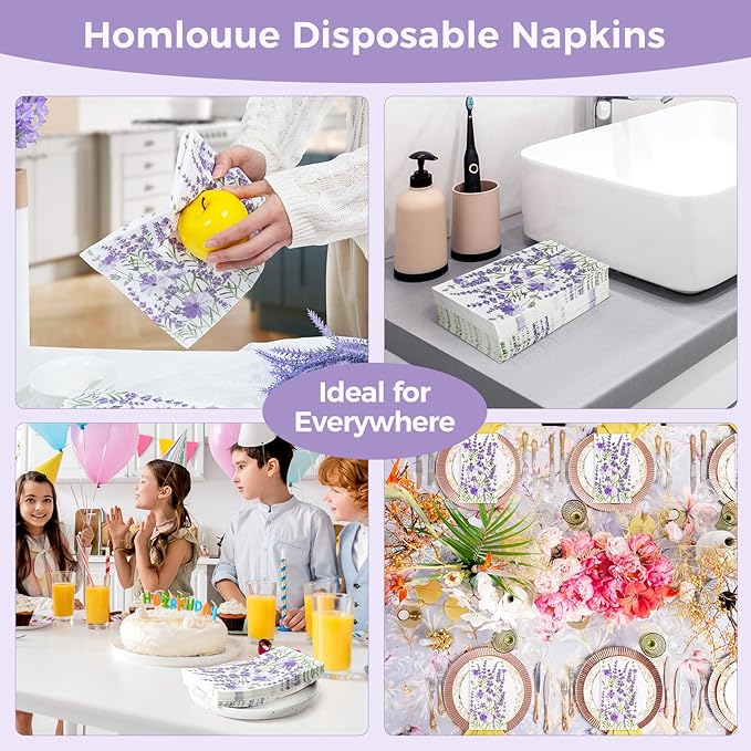 Homlouue Purple Lavender Floral Napkins, 100PCS 3 Ply Guest Towels Disposable Bathroom, Floral Paper Napkins Disposable, Flower Paper Napkins Decorative for Spring Summer Fall Party Decorations