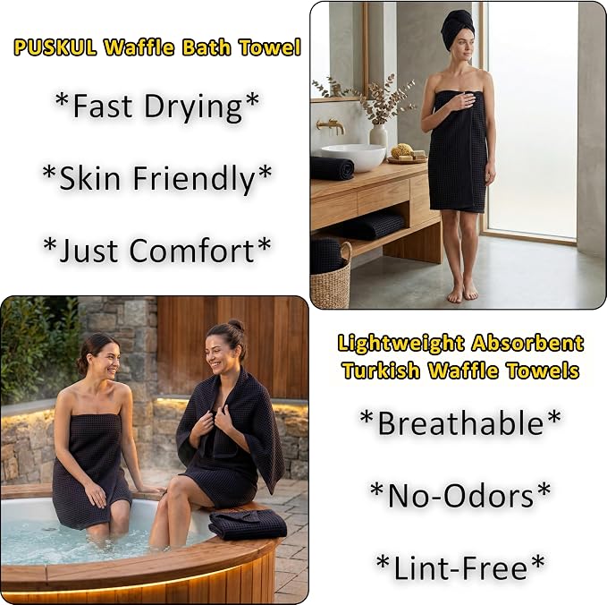 PÜSKÜL Natural 100% Turkish Cotton Black Waffle Bath Towels Set of 2-Piece | 32x63 Extra Large Absorbent Quick-Dry Lightweight Spa Towel | Decorative Bathroom Towel (Black Bath Towels - Pack of 2)
