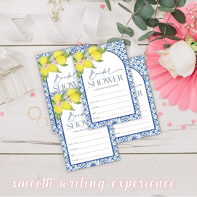 Mediterranean Lemon Bridal Shower Invitations, Set of 25 Lemon Italian Blue Tiles Bridal Shower Invites with Envelopes for Engagement Wedding Party-A11
