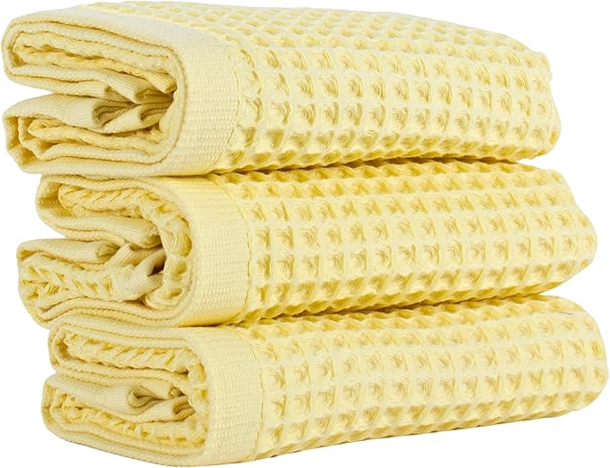 PÜSKÜL Natural 100% Turkish Cotton Waffle Kitchen Towels Set of 3 | Oeko-Tex, Premium Waffle Hand Towels for Bathroom | Soft Absorbent Quick-Dry Lint-Free Dish Towel Large 32x16 inch (3, Light Yellow)