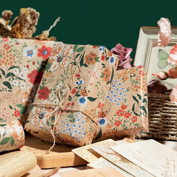 WRAPAHOLIC Kraft Floral Wrapping Paper Roll - Mini Roll - 17 Inch x 9.8 Feet - All Occasion Flower Wrapping Paper for Wedding Bridal Shower Birthday