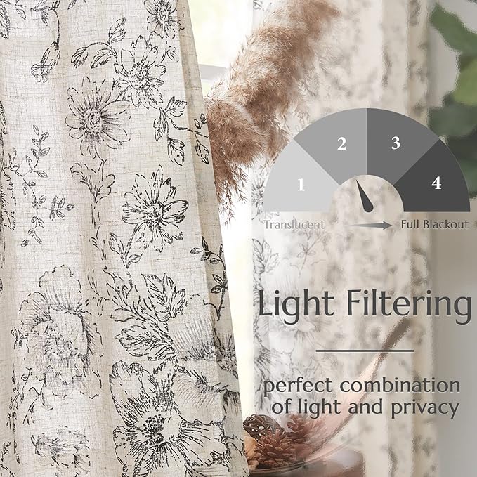 jinchan Linen Floral Curtains 100 Inch Extra Wide for Patio Sliding Glass Door Room Divider Curtain for Living Room 84 Inch Length Farmhouse Peony Black Printed Curtain Set 1 Panel