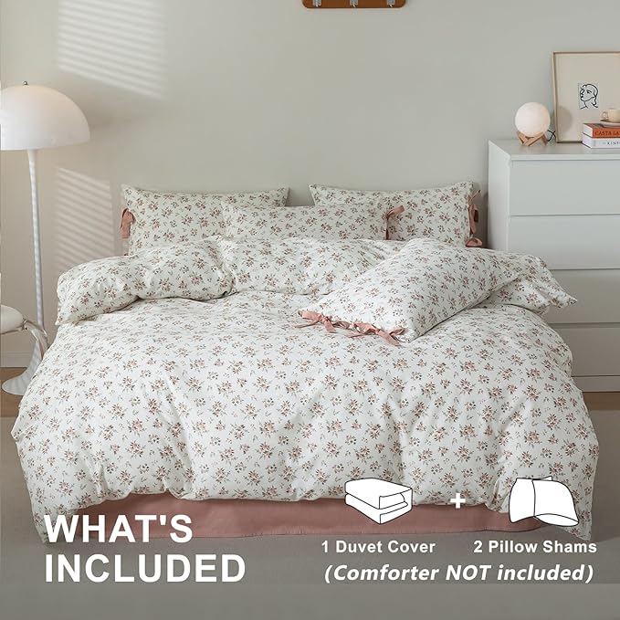 VM VOUGEMARKET Pink Flower Duvet Cover Set Twin 3 Pieces Girls Cottagecore Bedding Set 100% Cotton Peach Floral Comforter Cover with Zipper Closure,Vintage Country Bedding-68x86 Inch
