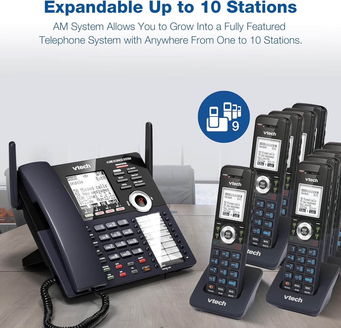 VTech AM18447 4-Line Small Business Phone System - Expandable to 10 Stations, Digital Answering Machine & Intercom, Black