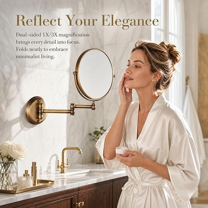 7Trees 8-Inch Retro Bathroom Folding Wall Mount Make-Up Mirror Flip Telescopic Beauty Mirror (Antique Brass)