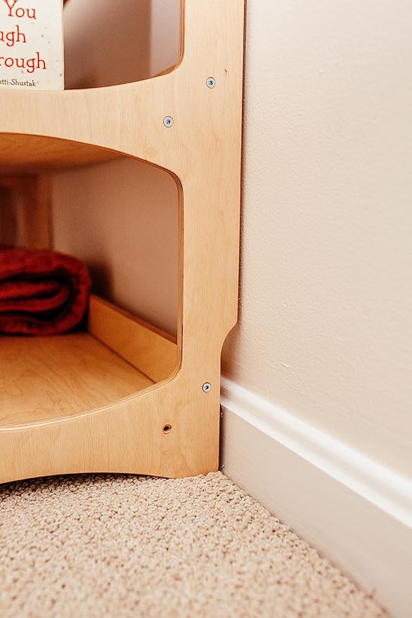 WOOD&ROOM Montessori Corner Shelf - 3 Tier Wooden Kids Bookshelf for Toddlers, Book Storage for Classroom, Toy Shelf Organizer, Small Bookshelf for Kids Room, Nursery Montessori Furniture