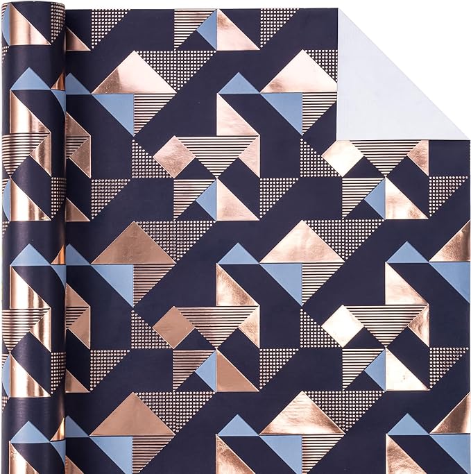 WRAPAHOLIC Birthday Wrapping Paper for Men - Mini Roll - 17 Inch x 16.5 Feet - Foil Modern Navy Blue Geometric Wrapping Paper Perfect for Husband, Boyfriend Birthday, Wedding, Bridal Shower