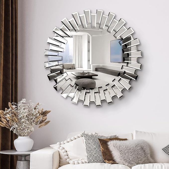 QDSSDECO Round Mirror Sunburst Wall Mirror 31.5" Beveled Edge Frameless for Living Room Bathroom Bedroom Entryway Decor