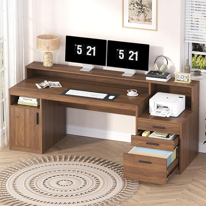 Computer Desk with 3 Drawers & Storage Shelves, 65 Inch Home Office Desk with File Drawer & Cabinet, Writing Study Desks with Monitor Stand & Printer Shelf, Executive Desk, Brown
