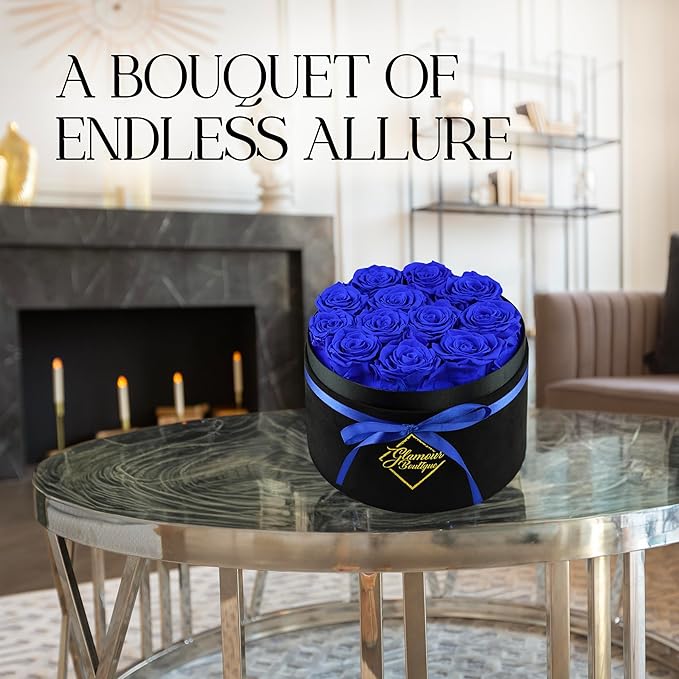 GLAMOUR BOUTIQUE Flowers Forever Gift Box 12 Real Preserved Roses in a Velvet Black Box, Birthday Gift for Wife Mom and Her, Mothers Day, Anniversary, Graduation - Blue