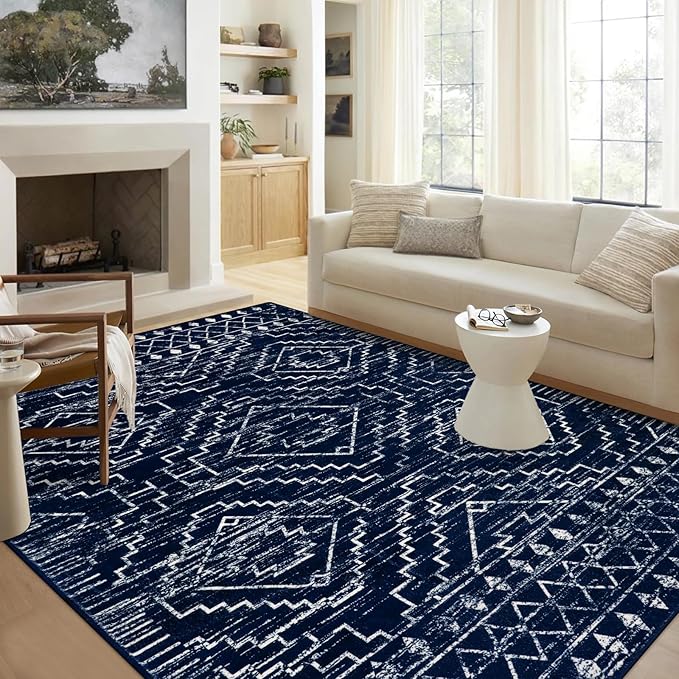 Wonnitar Moroccan Washable 6x9 Rug, Blue Large Living Room Area Rug, Non-Slip Boho Soft Rug for Bedroom, Non-Shedding Ultra-Thin Geometric Carpet for Dining Room Kitchen Basement (Blue,6'x9')