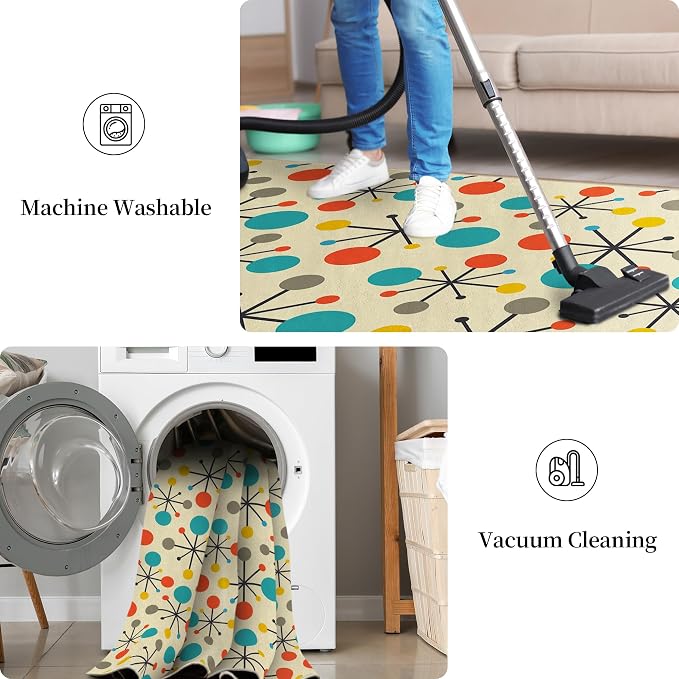 Retro Area Rug for Living Room Bedroom Dining Room 5x7, Mid Century Modern Atomic Living Room Rug Non-Slip, Yellow Floor Rug Carpet Machine Washable