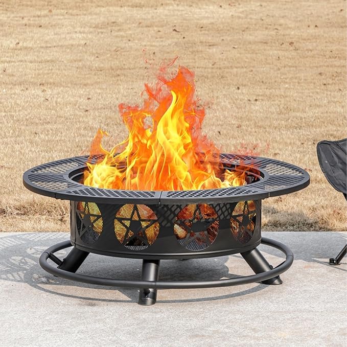 OutVue 36 Inch Fire Pit with 2 Grills, Wood Burning Fire Pits for Outside with Lid & Poker, BBQ& Outdoor Firepit & Round Metal Table 3 in 1 for Patio, Picnic, Party