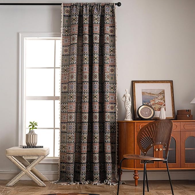 ENJOYBRIDAL Patchwork 84 Inch Curtains for Bedroom Living Room Drapes Jacquard Bohemian Semi Sheer Floor Length Window Curtains 2 Panel Sets Vintage Geometric Black Rod Pocket Boho Window Treatments