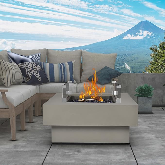 Propane Fire Pit Table with Wind Glass Shield, 32.5-inch 50,000 BTU Outdoor Gas Fire Table for Patio w/Lid, Glass Rocks, Cover, Pre-Attached 10ft Propane Hose