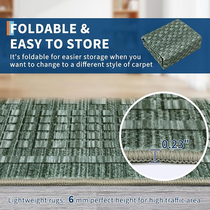 Washable Rugs 8 x 10 Rug for Living Room Modern Green Bedroom Rug Checkered Farmhouse Plaid Large Area Rug Non Slip Throw Rugs Soft Low Pile Stain Resistant Carpet for Nursery 8'x10' Green