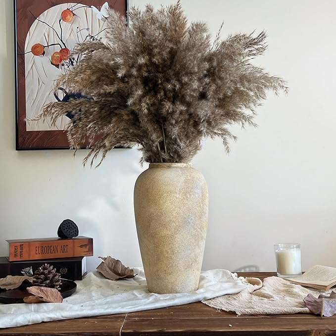12 Inch Farmhouse Decor Ceramic Rustic Vase,Beige Handmade Flower Vases for Centerpieces,Pottery Vase for Living Room,Kitchen & Bedroom Decor,Vintage Ceramic Vases for Wedding