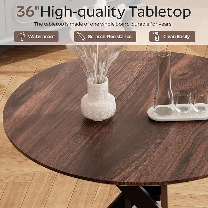 RGZ Mid Century Walnut Round Dining Table Set for 4, 36" Small Wooden Circle Kitchen Table & 4 Light Gray PU Leather Kitchen Chairs, Dinner Table Set for Home, Apartment, Dining Room