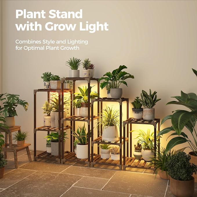 Bamworld Plant Stands with Grow Lights Indoor 4 Sets Plant Shelves Outdoor Wooden Plant Holder for Multiple Plants Flower Stands for Living Room Balcony Garden Patio Lawn Window