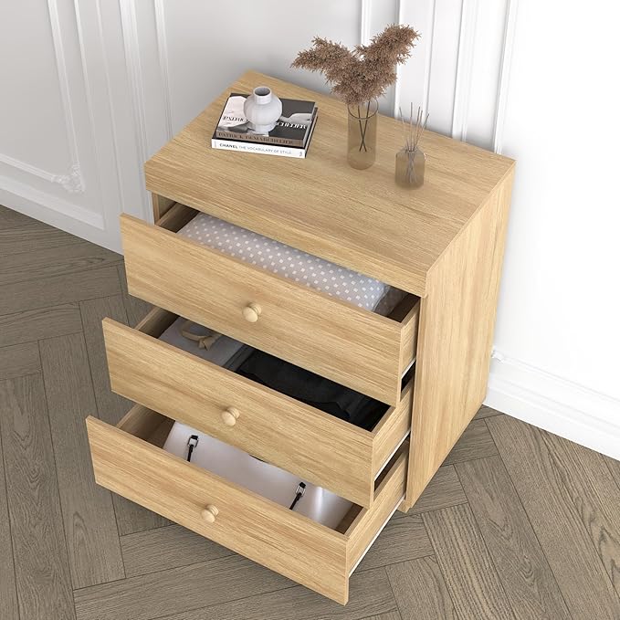 Dresser for Bedroom 3 Drawer Wood Dresser 26.6" Wide, Large Storage Chest of Drawers for Bedroom, Living Room, Hallway, Entryway, Modern TV Stand Drawer Organizer, Light Oak