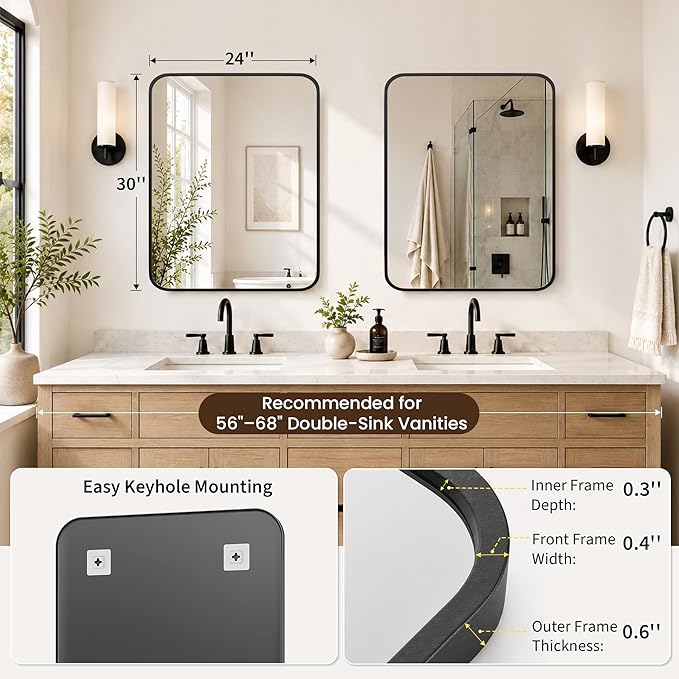 2-Pack 24x30 Inch Matte Black Bathroom Vanity Mirrors | Flush Mount Deep Set Metal Wall Mirror for Over Sink | HD Shatterproof Glass, Rustproof
