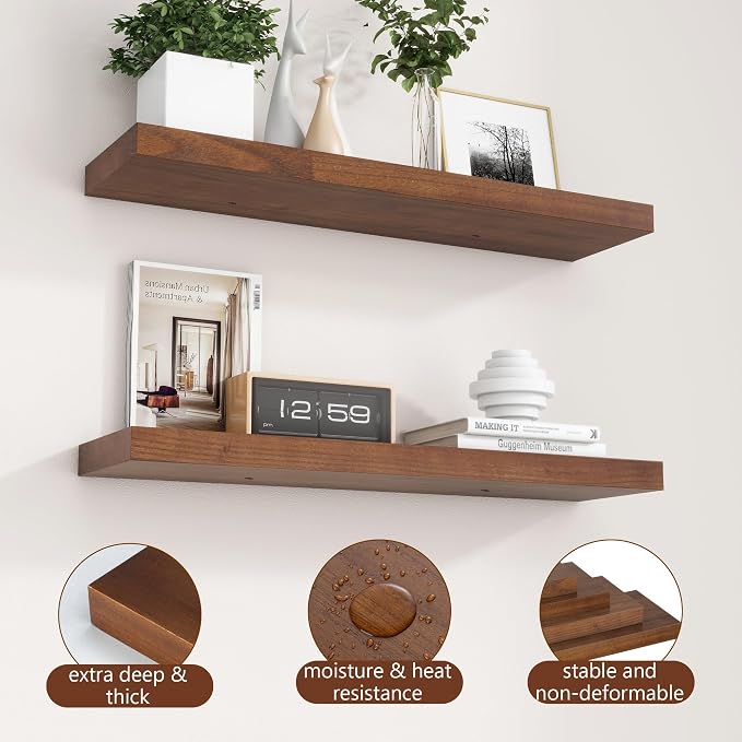 fuqing 30 Inch Floating Shelves for Wall Set of 2, Rustic Wood Wall Shelves for Living Room Bedroom Bathroom Home Office - Walnut