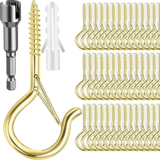 100 Pack Screw-in Hooks for Outdoor String Lights, Q Hanger Hooks for Outside, Swivel Hanging Basket Patio Hook with Safe Buckle, Plant Eye Hook for Wall Ceiling with 1 Wing Nut Driver, Gold