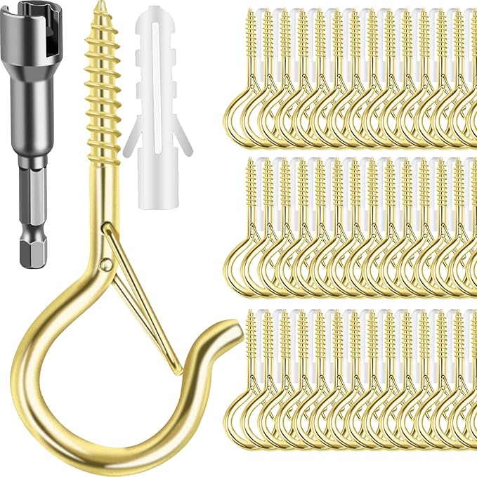 FSAH 96 PCS Q-Hanger Hooks, Screw Hooks for Outdoor String Lights, Safety Buckle Design Cup Eye Hook for Hanging Christmas Lights, Plants, Mounted on Wall Ceiling, Include 1 Wing Nut Driver, Gold
