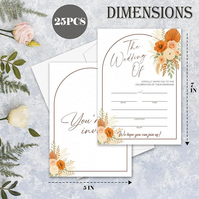Boho Pampas Grass Wedding Invitations, 5"x 7" Floral Arch Wedding Invites Cards With Envelopes, 25 PCS for Party Decorations and Supplies - A01