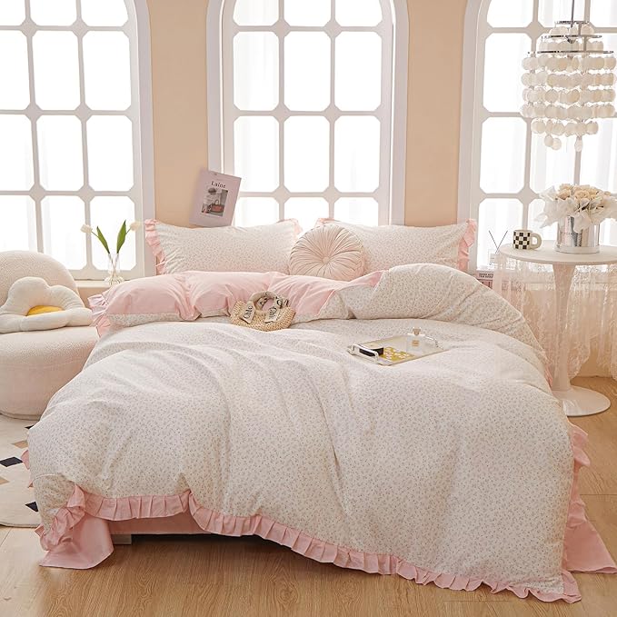 Pink Floral Comforter Set Queen Romantic Girls Ruffle Lace Bedding Set Queen Fluffy Soft Botanical Flowers Comforter with 2 Pillowcases Lightweight Bedding Cottagecore Comforter Set for All Season