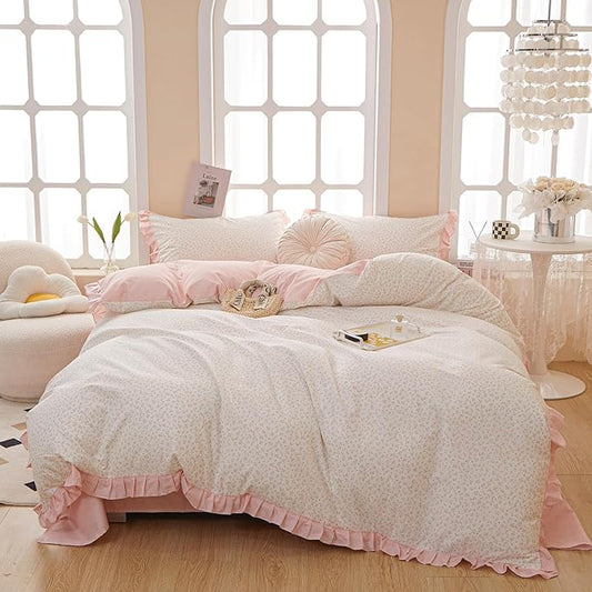 Pink Floral Comforter Set Queen Romantic Girls Ruffle Lace Bedding Set Queen Fluffy Soft Botanical Flowers Comforter with 2 Pillowcases Lightweight Bedding Cottagecore Comforter Set for All Season