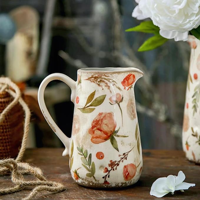 Retro Rustic Large Ceramic Vase with Handle, Distressed Farmhouse Pitcher for Home, Ideal Shelf Decor Floral Vase for Living Room Bedroom Office Table Centerpiece Decorations 9 Inch
