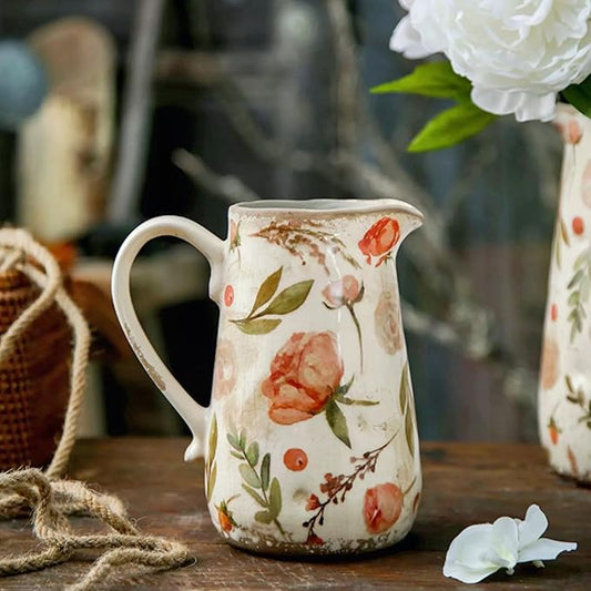 Retro Rustic Large Ceramic Vase with Handle, Distressed Farmhouse Pitcher for Home, Ideal Shelf Decor Floral Vase for Living Room Bedroom Office Table Centerpiece Decorations 9 Inch