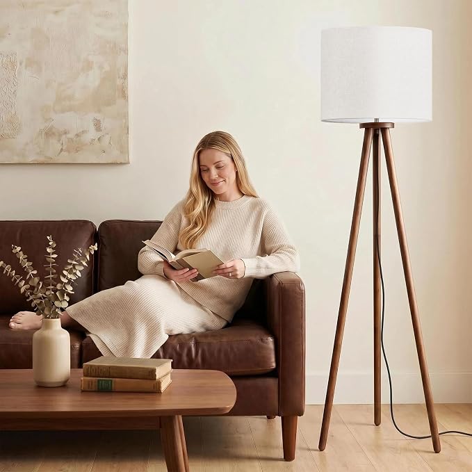 Buruis 60.6" Solid Wood Tripod Floor Lamp with 15.7" Large Linen Shade, Mid-Century Walnut Finish Standing Lamp for Living Room, Bedroom, Office, Corner, UL Listed, Bulb Not Included, Cream