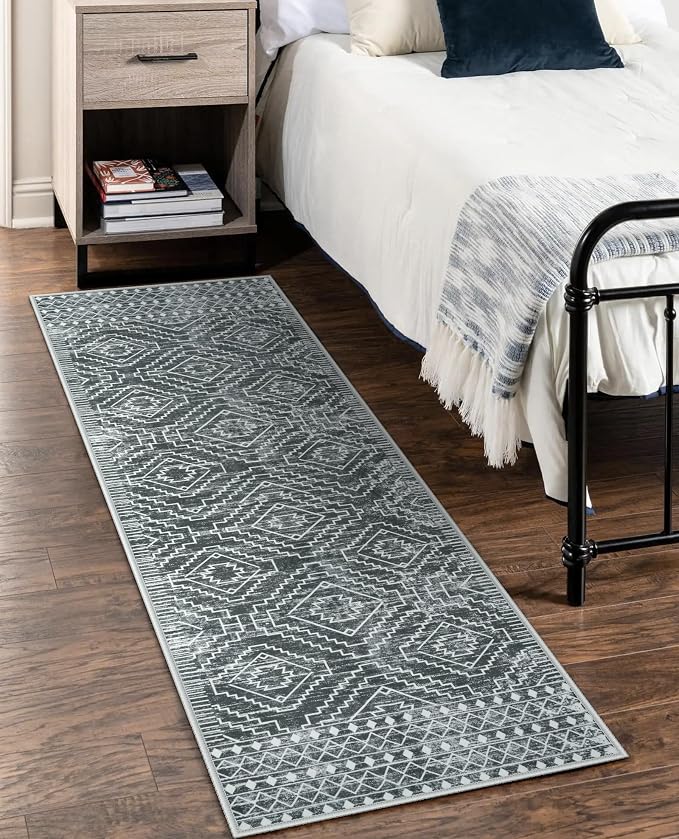 Wonnitar Washable Kitchen Runner Rug 2x6, Moroccan Grey Runners for Hallway, Non Slip Bohemian Soft Bathroom Throw Mat Geometric Carpet Runner for Laundry Entryway Bedroom (Dark Grey,2'x6')