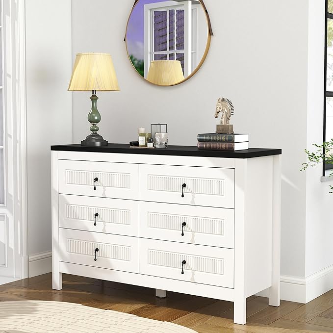 White Dresser for Bedroom Modern: 47" Fluted 6 Drawer Dresser for Closet, Wide Wooden Bedroom Chest of Drawers, Deep Wood Dressers & Chests of Drawers(White)