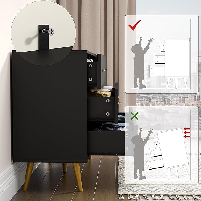Dresser for Bedroom, 6 Drawer Black Wood Dresser with Golden Handles, Modern Wide Dressers & Chests of Storage Organizer Drawer for Entryway Hallway