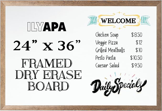 Ilyapa Extra Large Dry Erase Board for Wall - Wood Framed Magnetic White Board - 24 x 36 Inches Decorative Wall Hanging Menu Whiteboard - Brown