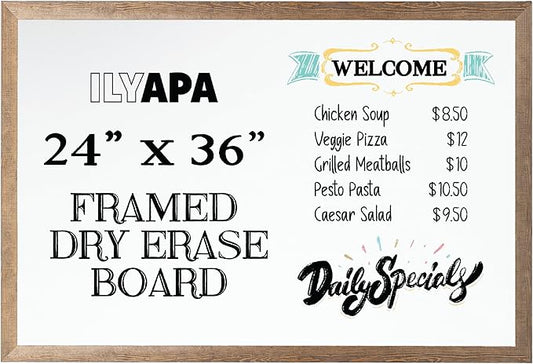 Ilyapa Extra Large Dry Erase Board for Wall - Wood Framed Magnetic White Board - 24 x 36 Inches Decorative Wall Hanging Menu Whiteboard - Brown