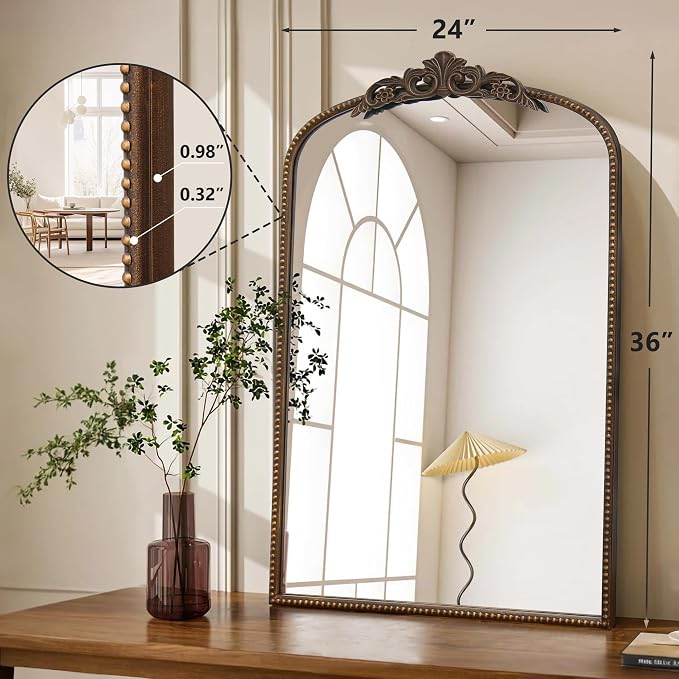 Micasso Traditional Ornate Bronze Mirror: 24"x36" French Baroque Antique Mirror - Decorative Vintage Arched for Wall/Bathroom/Entryway/Hallway/Living Room - Home Decor for Bathroom