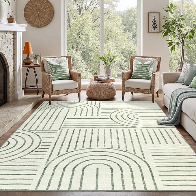 DCX Abstract Machine Washable 4x6 Rug, Sage Green Modern Accent Rug for Living Room, Soft Low Pile Non Slip Carpet, Kid & Pet Friendly Stain Resistant Rug for Bedroom Dining Room Office