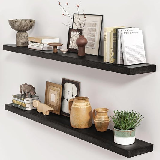 fuqing Black Floating Shelves 48 Inch, Solid Wood Wall Mounted Shelves Set of 2, Extra Long Modern Floating Shelves for Wall Decor & Storage, Shelves for Bathroom Bedroom Kitchen Living Room - Black